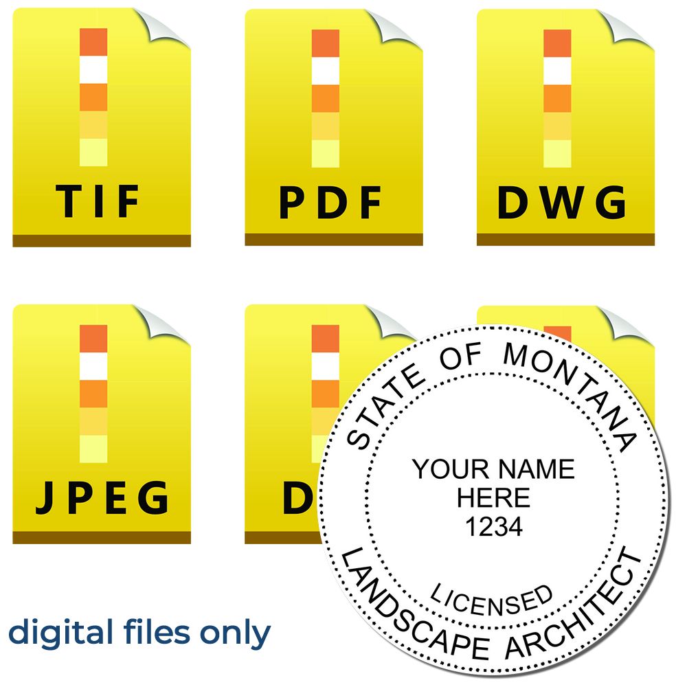 The main image for the Digital Montana Landscape Architect Stamp depicting a sample of the imprint and electronic files