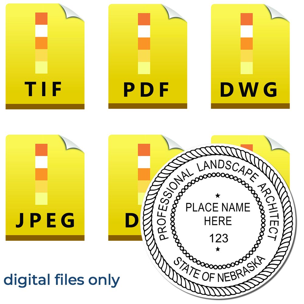 The main image for the Digital Nebraska Landscape Architect Stamp depicting a sample of the imprint and electronic files