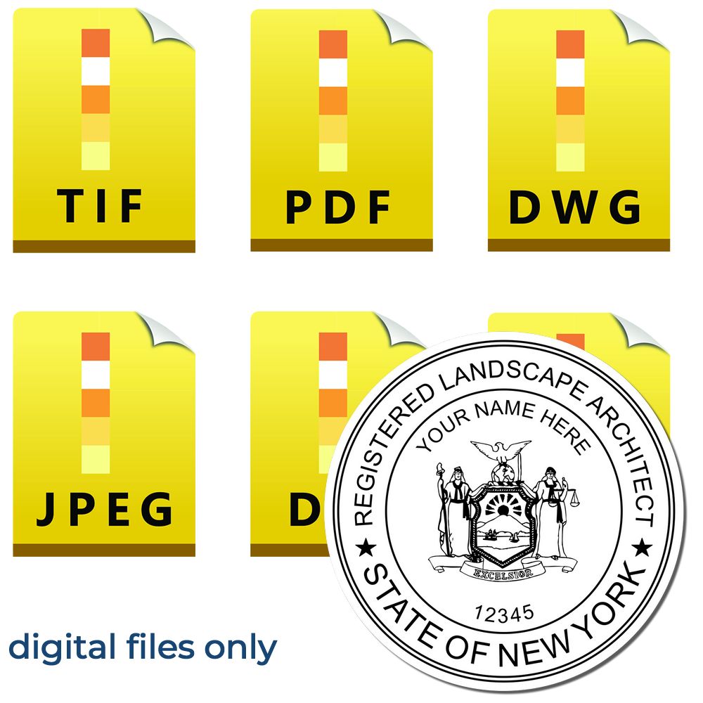 The main image for the Digital New York Landscape Architect Stamp depicting a sample of the imprint and electronic files