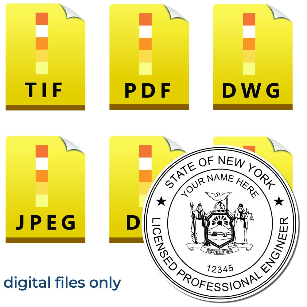 The main image for the Digital New York PE Stamp and Electronic Seal for New York Engineer depicting a sample of the imprint and electronic files