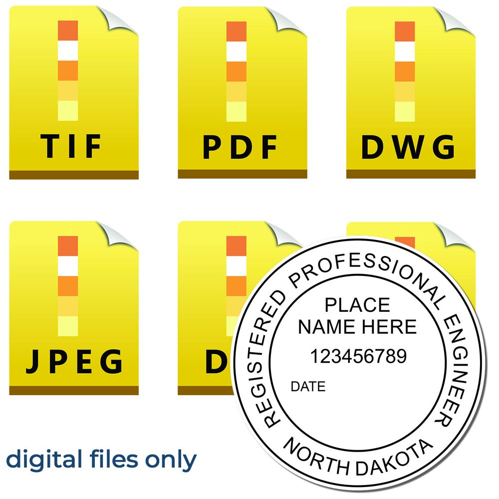 The main image for the Digital North Dakota PE Stamp and Electronic Seal for North Dakota Engineer depicting a sample of the imprint and electronic files