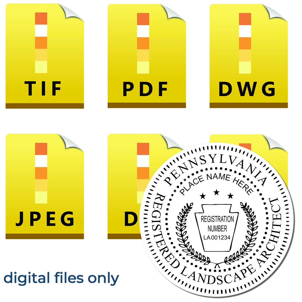 The main image for the Digital Pennsylvania Landscape Architect Stamp depicting a sample of the imprint and electronic files