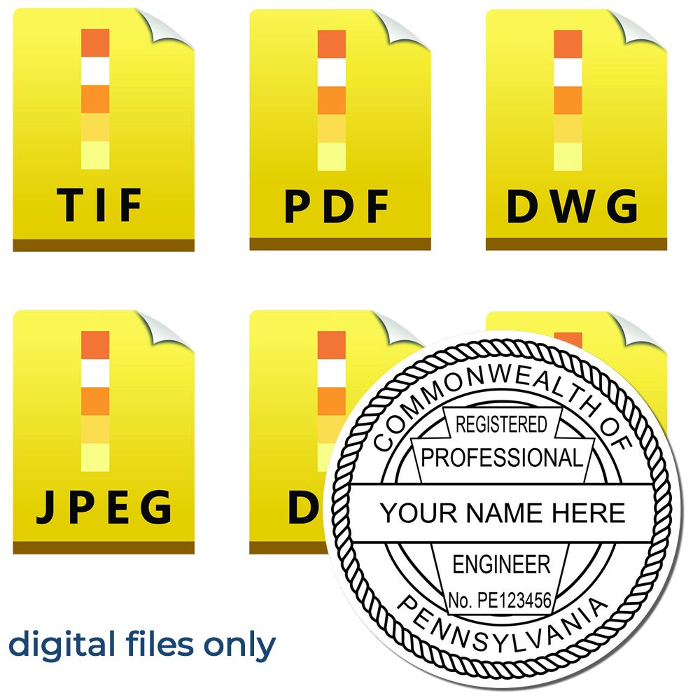 The main image for the Digital Pennsylvania PE Stamp and Electronic Seal for Pennsylvania Engineer depicting a sample of the imprint and electronic files