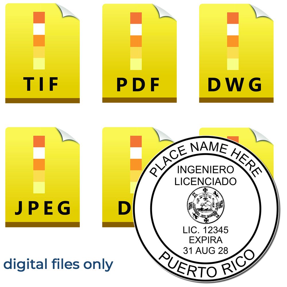 The main image for the Digital Puerto Rico PE Stamp and Electronic Seal for Puerto Rico Engineer depicting a sample of the imprint and electronic files