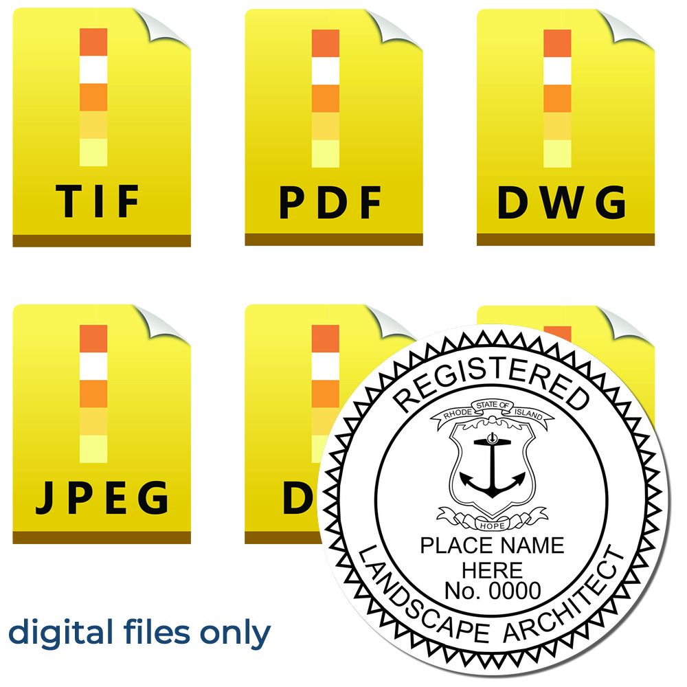 The main image for the Digital Rhode Island Landscape Architect Stamp depicting a sample of the imprint and electronic files