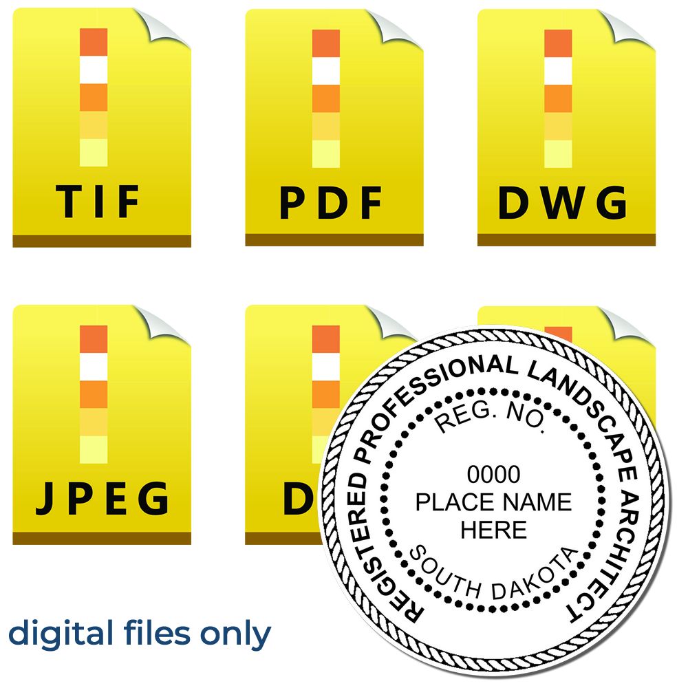 The main image for the Digital South Dakota Landscape Architect Stamp depicting a sample of the imprint and electronic files