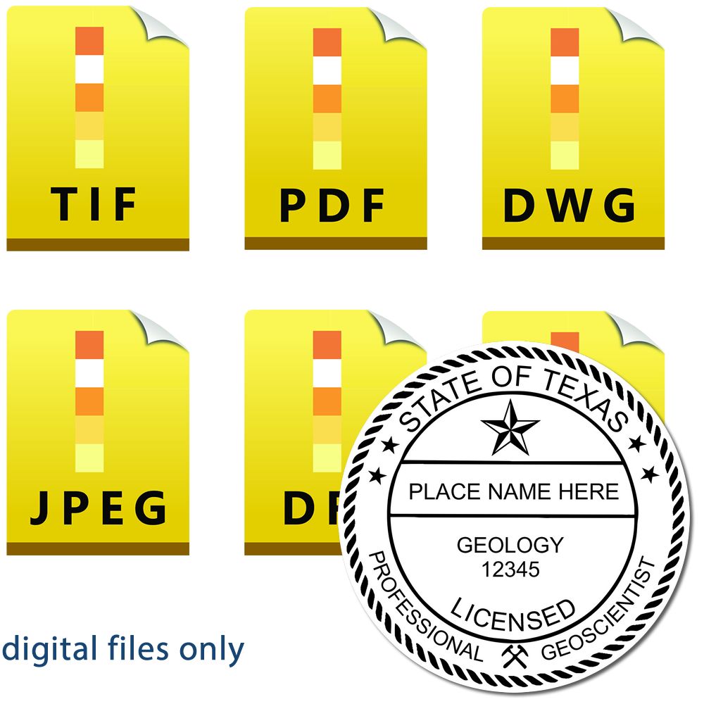The main image for the Digital Texas Geologist Stamp, Electronic Seal for Texas Geologist depicting a sample of the imprint and imprint sample