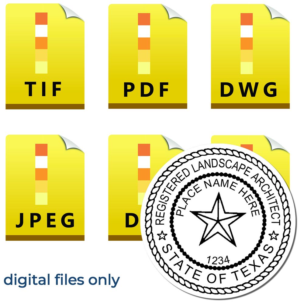 The main image for the Digital Texas Landscape Architect Stamp depicting a sample of the imprint and electronic files