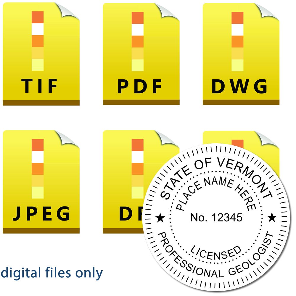 The main image for the Digital Vermont Geologist Stamp, Electronic Seal for Vermont Geologist depicting a sample of the imprint and imprint sample
