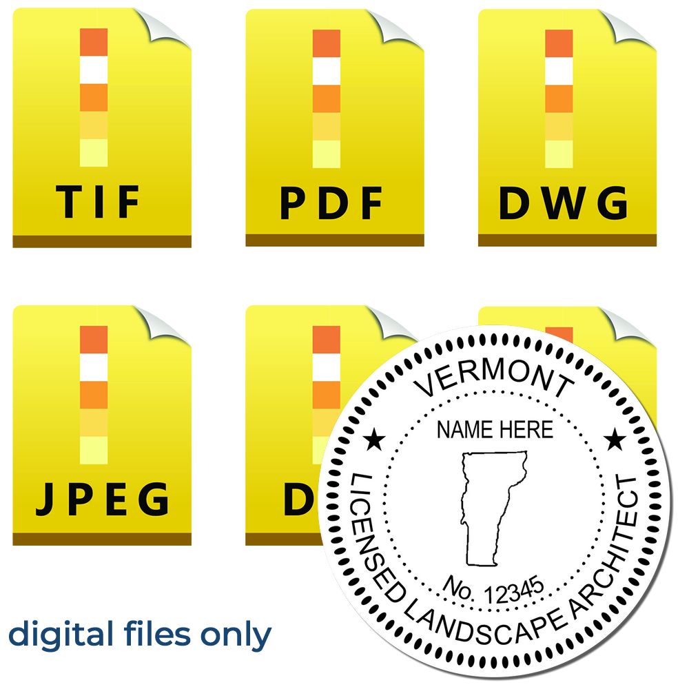 The main image for the Digital Vermont Landscape Architect Stamp depicting a sample of the imprint and electronic files
