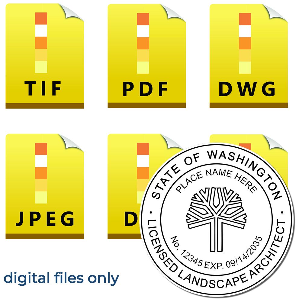 The main image for the Digital Washington Landscape Architect Stamp depicting a sample of the imprint and electronic files