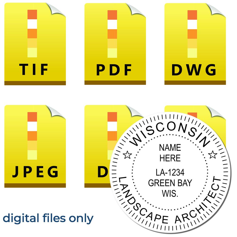 The main image for the Digital Wisconsin Landscape Architect Stamp depicting a sample of the imprint and electronic files