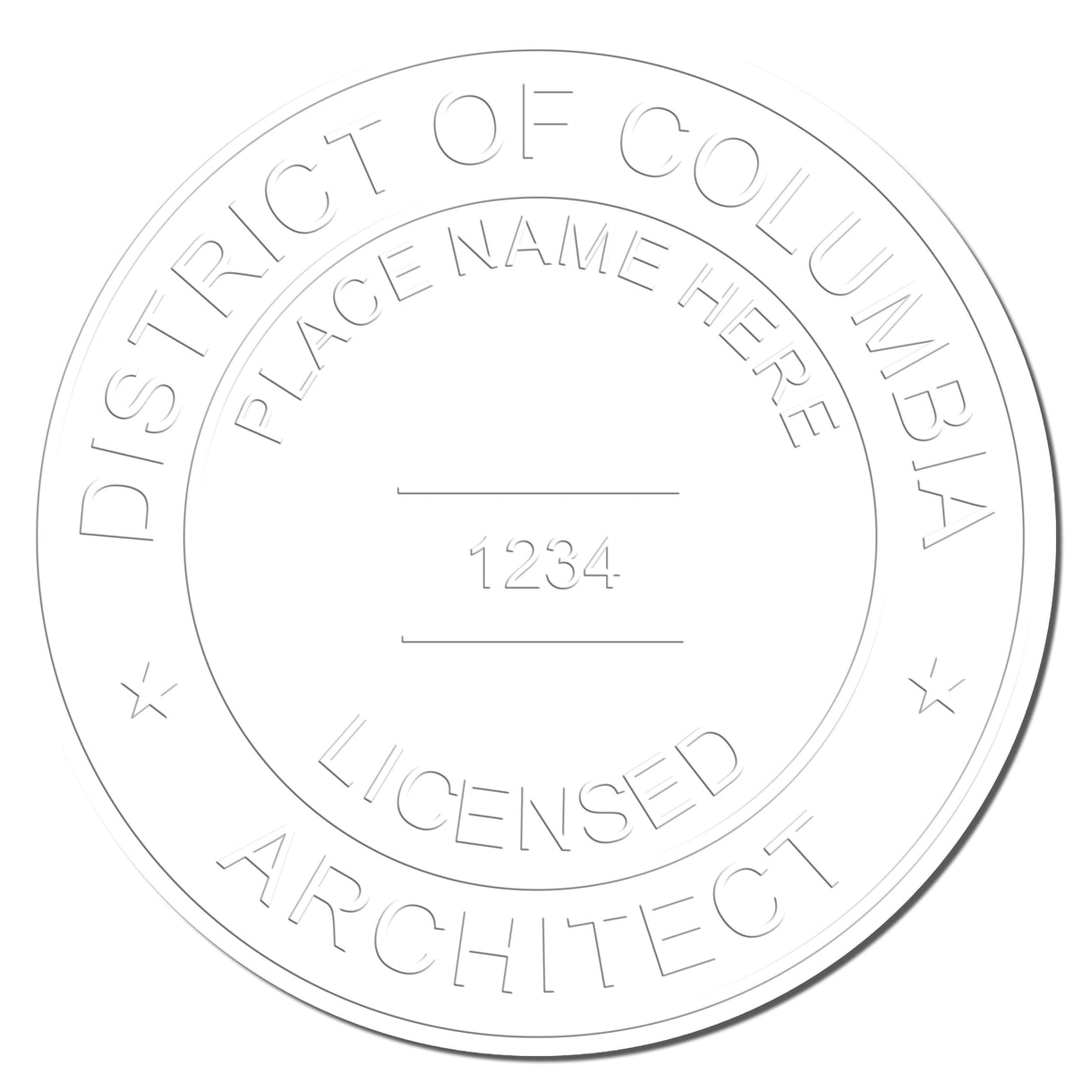 A photograph of the District of Columbia Desk Architect Embossing Seal stamp impression reveals a vivid, professional image of the on paper.