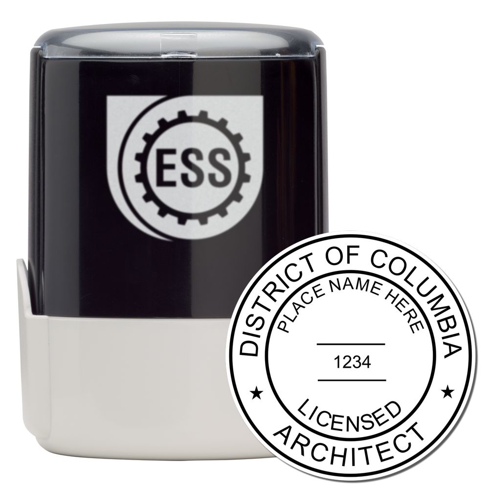 Self Inking District of Columbia Architect Stamp with a black and white design, featuring a circular seal and the text Licensed Architect.