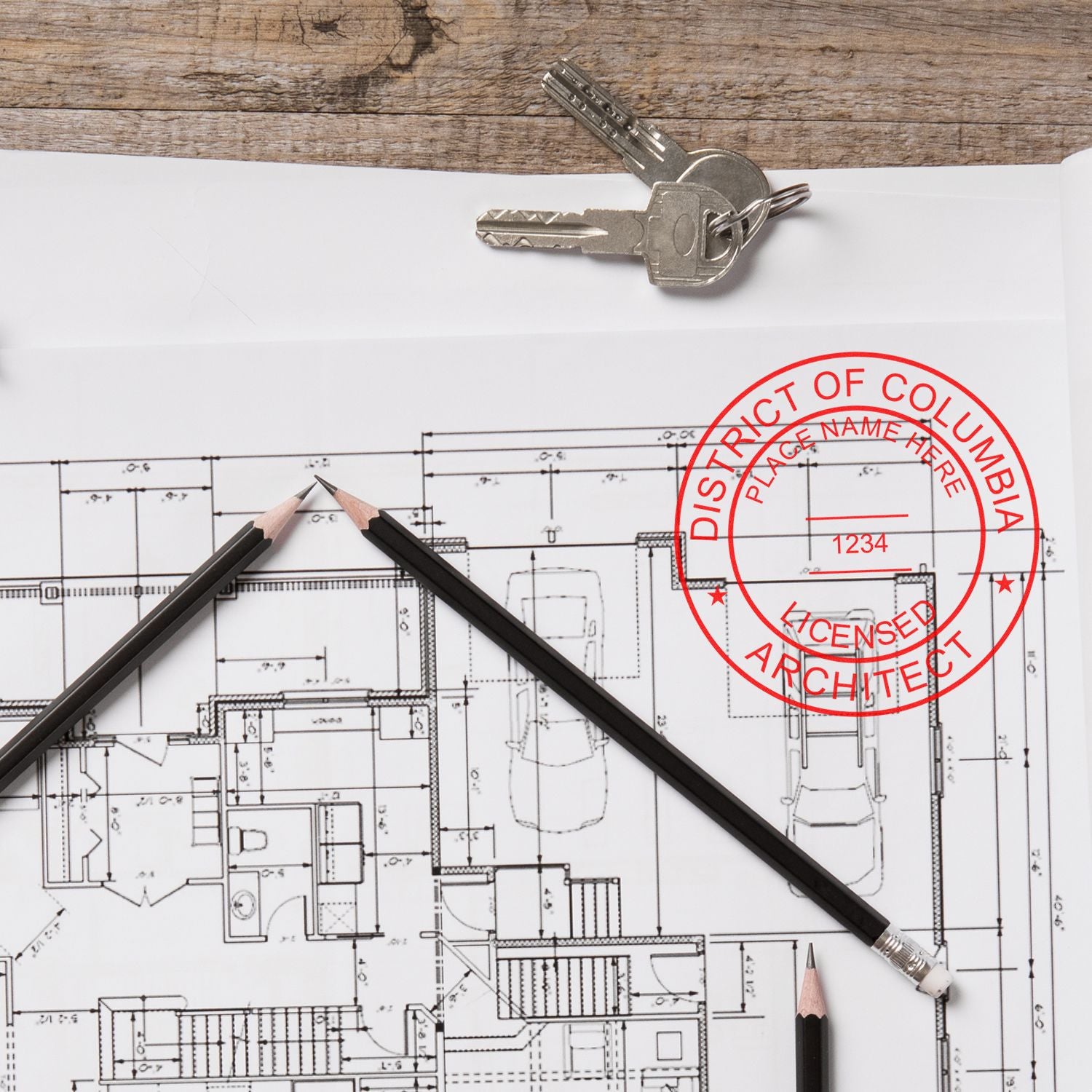 Premium MaxLight Pre-Inked District of Columbia Architectural Stamp on architectural blueprint with keys and pencils on a wooden table.