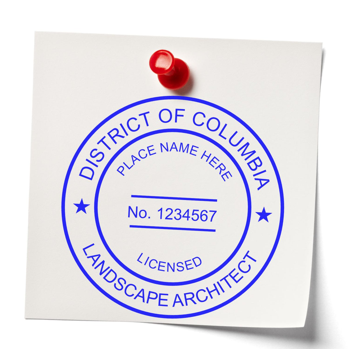 Another Example of a stamped impression of the Slim Pre-Inked District of Columbia Landscape Architect Seal Stamp on a piece of office paper.