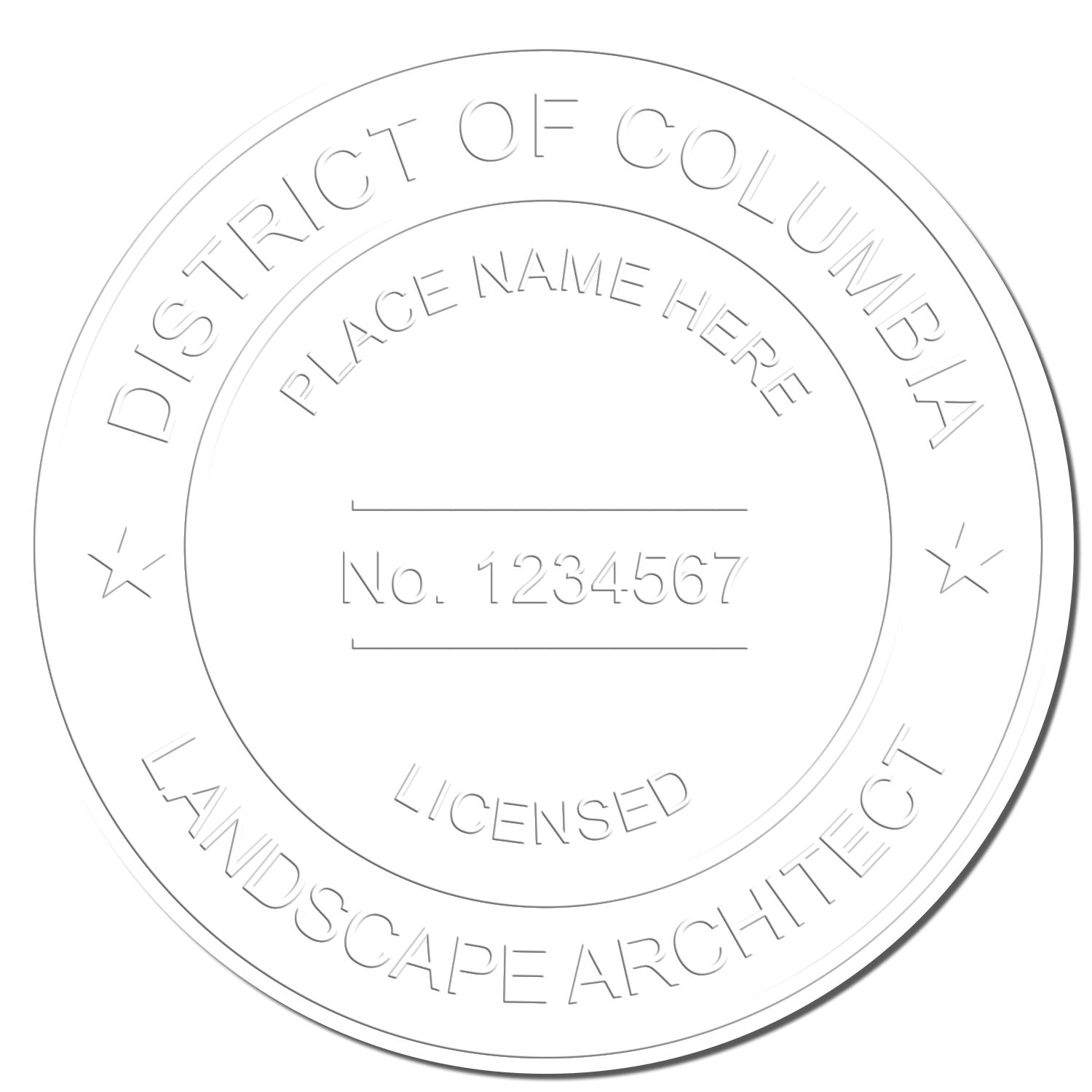 This paper is stamped with a sample imprint of the District of Columbia Extended Long Reach Landscape Architect Seal Embosser, signifying its quality and reliability.