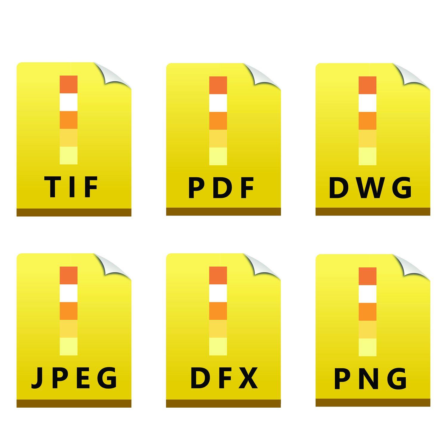 Icons of file formats TIF, PDF, DWG, JPEG, DFX, and PNG representing the Forester eSeal Electronic Image Stamp of Seal.