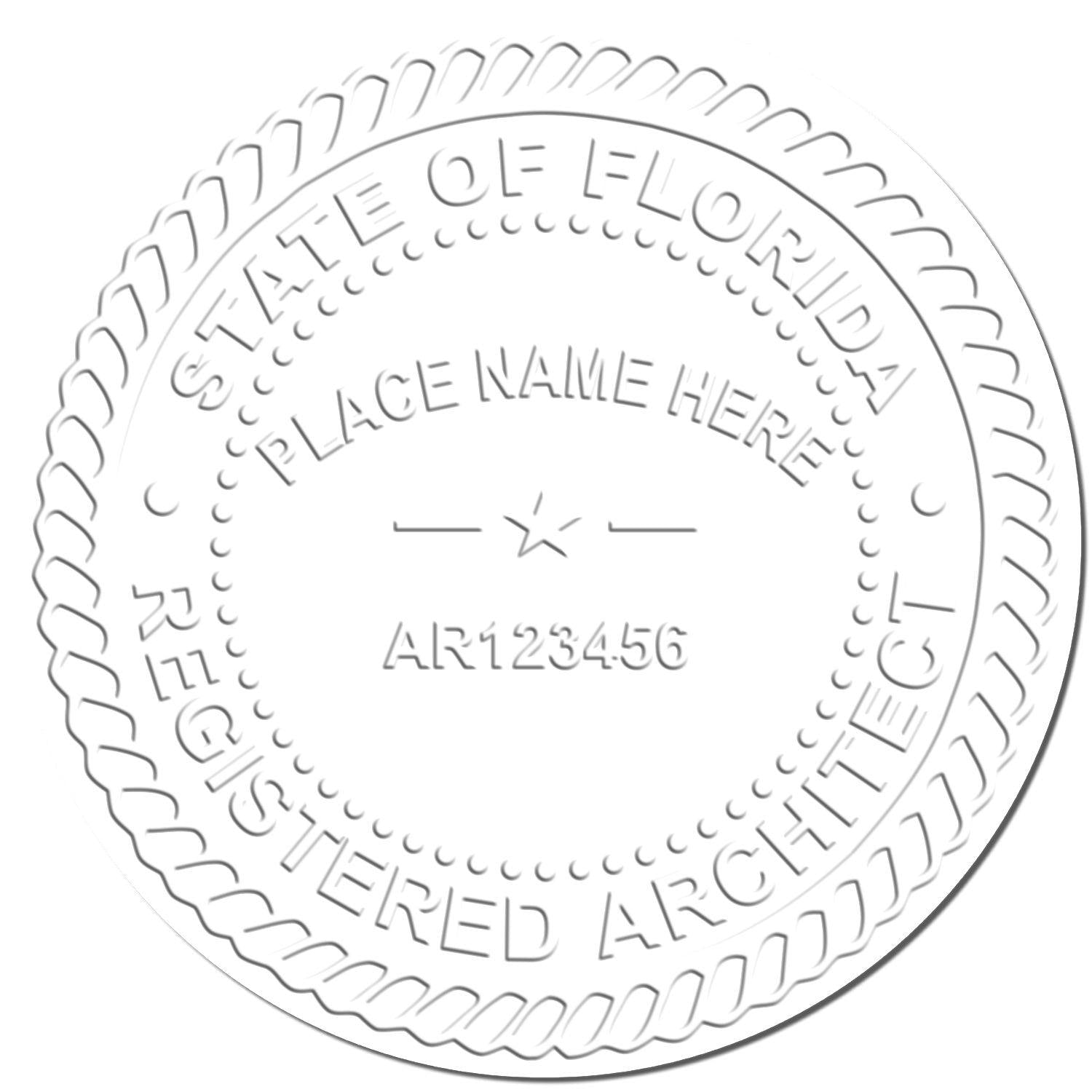 Image of an embossed seal created by the Architect Cast Iron Desk Seal Embosser, displaying State of Florida Registered Architect with placeholder text for name and registration number.