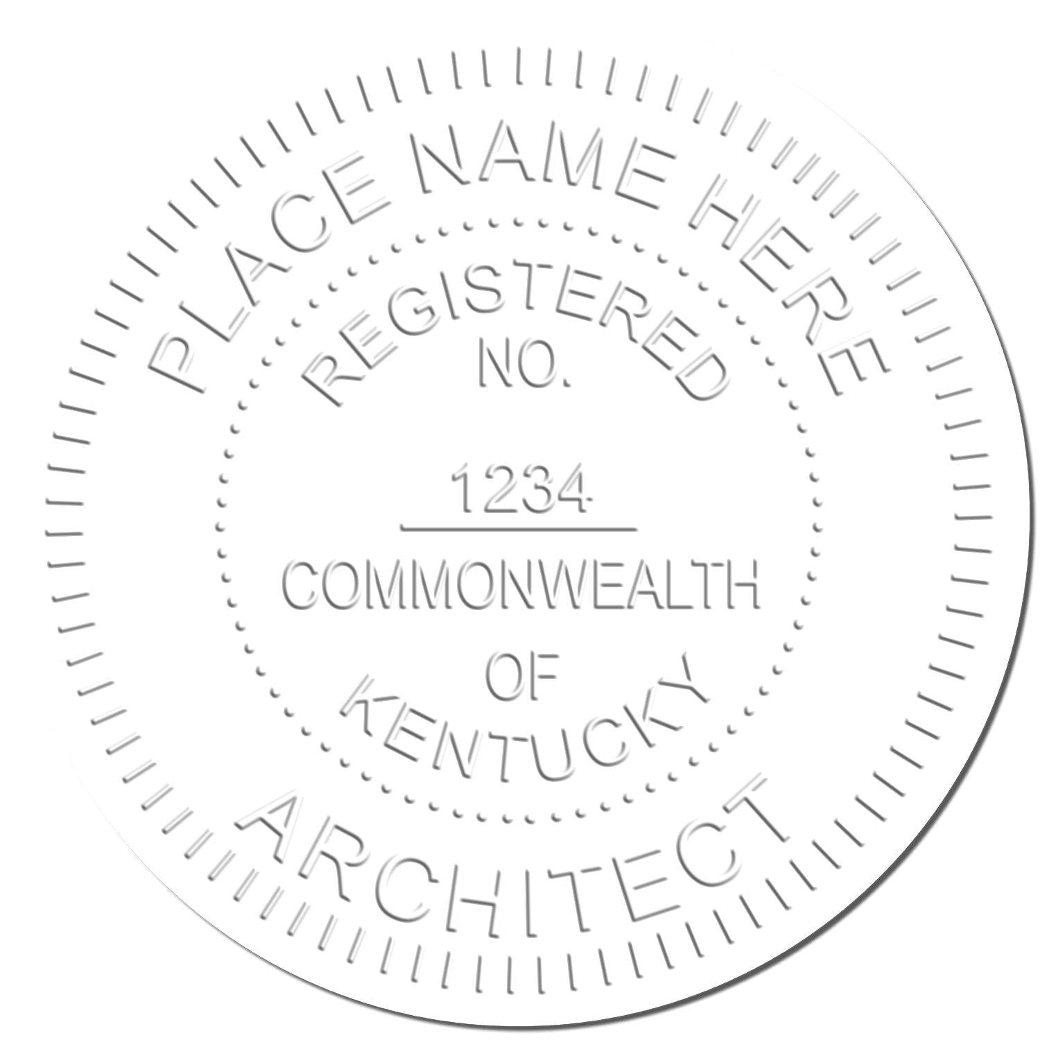 Embossed seal sample with text PLACE NAME HERE, REGISTERED NO. 1234, COMMONWEALTH OF KENTUCKY, ARCHITECT created using the Architect Red Seal Handheld Embosser.