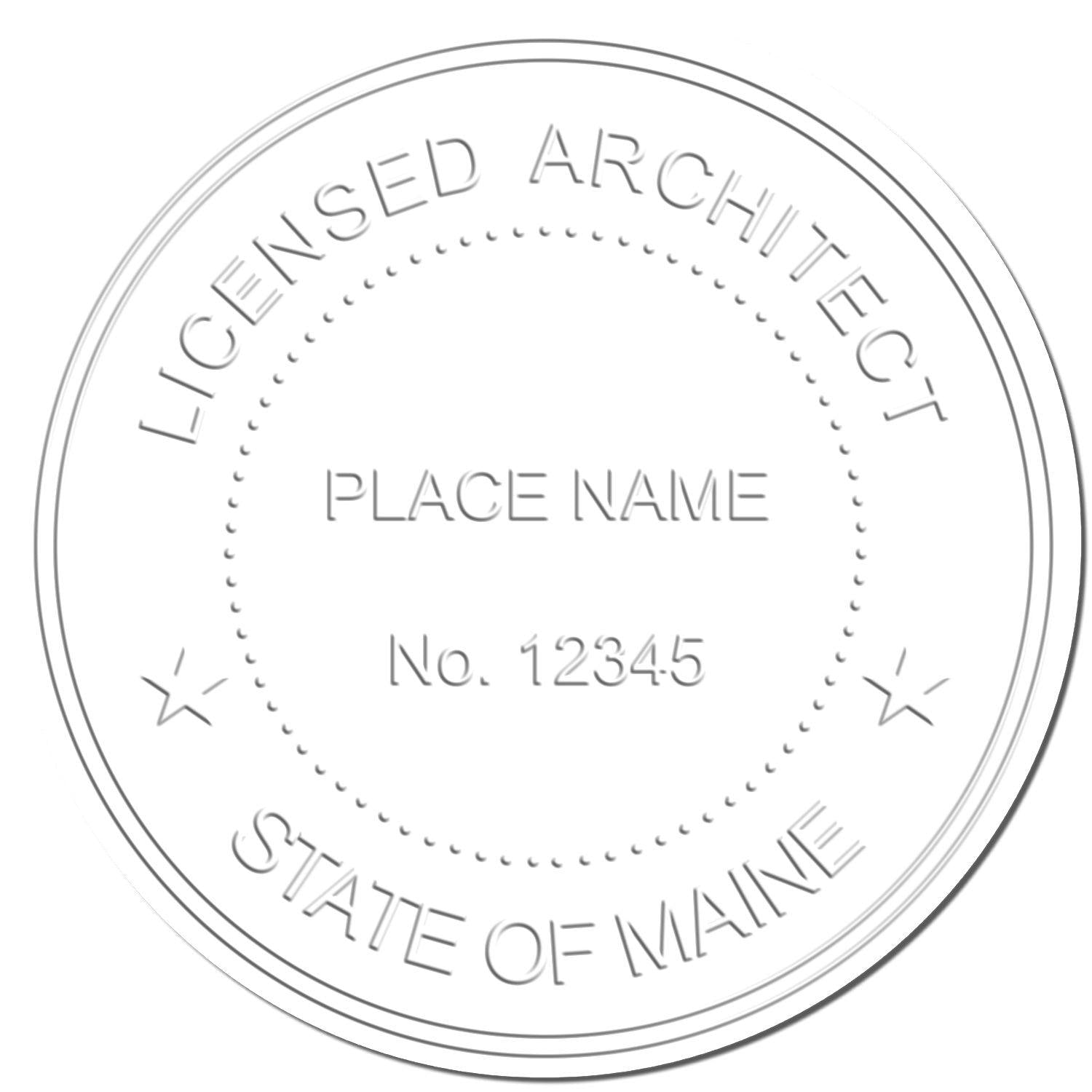 Image of an embossed seal with the text Licensed Architect, State of Maine created using the Architect Blue Seal Handheld Embosser.