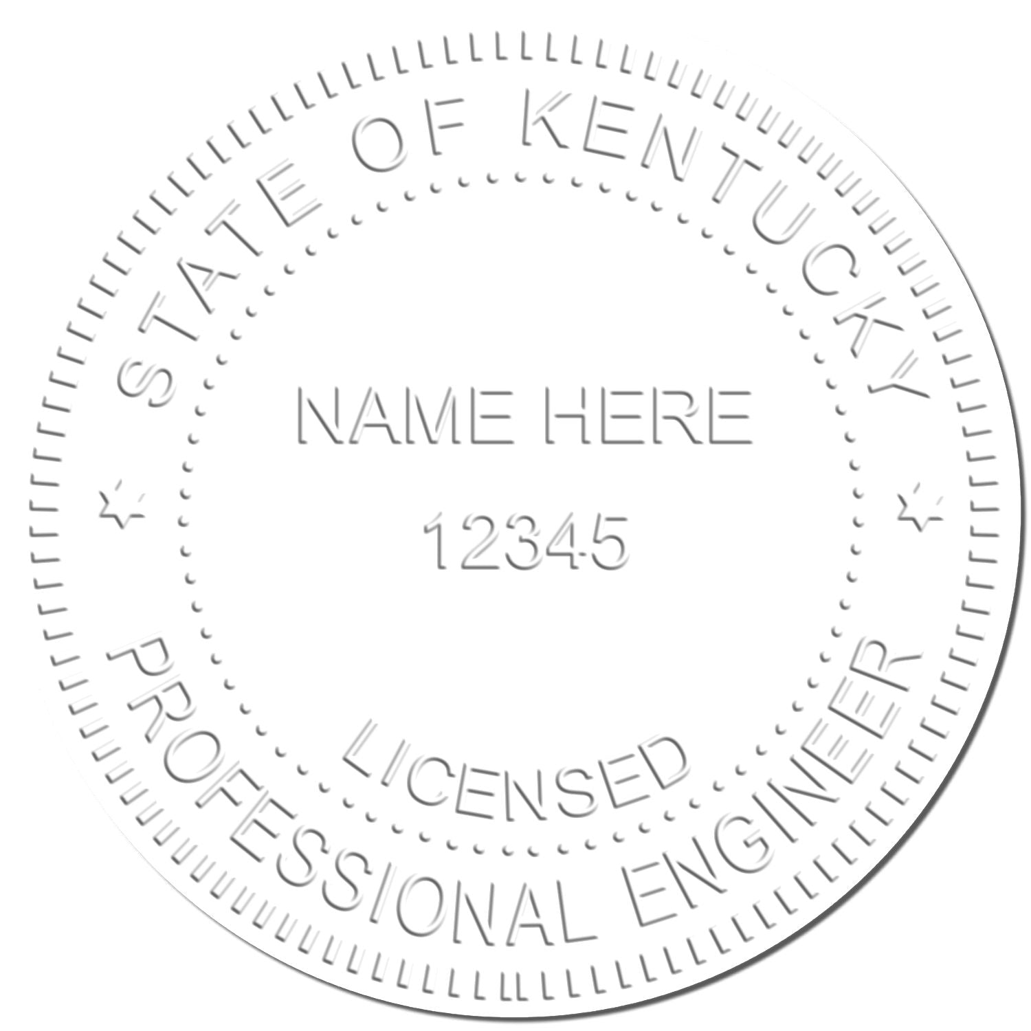 Image of an embossed seal with the text STATE OF KENTUCKY, LICENSED PROFESSIONAL ENGINEER, and placeholders NAME HERE and 12345. Created using the Professional Engineer Handheld Seal Embosser.