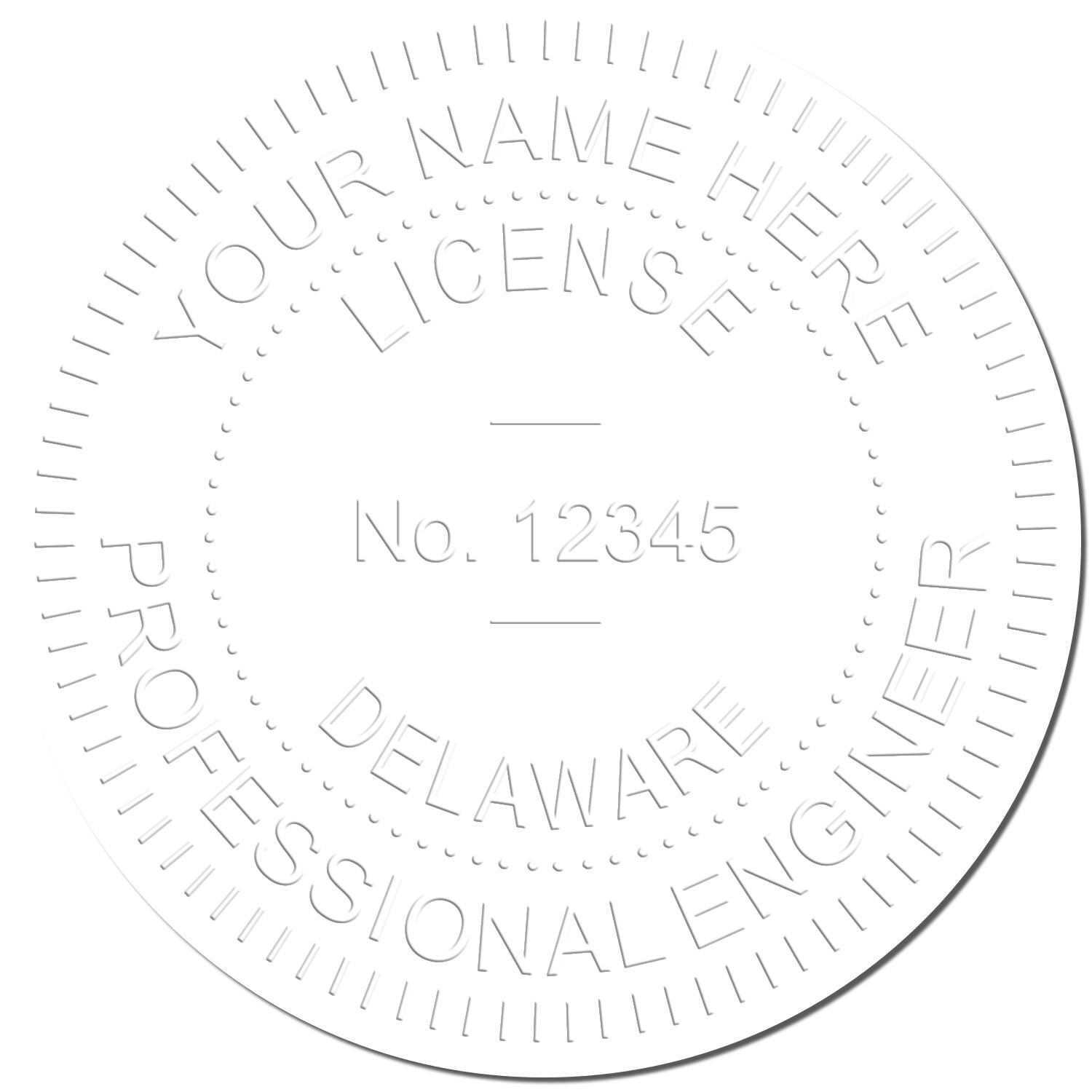 Image of an embossed seal with the text YOUR NAME HERE, LICENSE, No. 12345, DELAWARE, PROFESSIONAL ENGINEER. The seal is created using the Professional Engineer Pink Hybrid Handheld Seal Embosser.