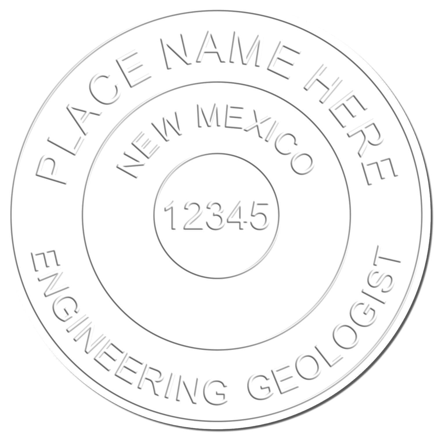 Image of an embossed seal with the text PLACE NAME HERE, NEW MEXICO, 12345, and ENGINEERING GEOLOGIST. The product is the Engineering Geologist Long Reach Desk Seal Embosser.