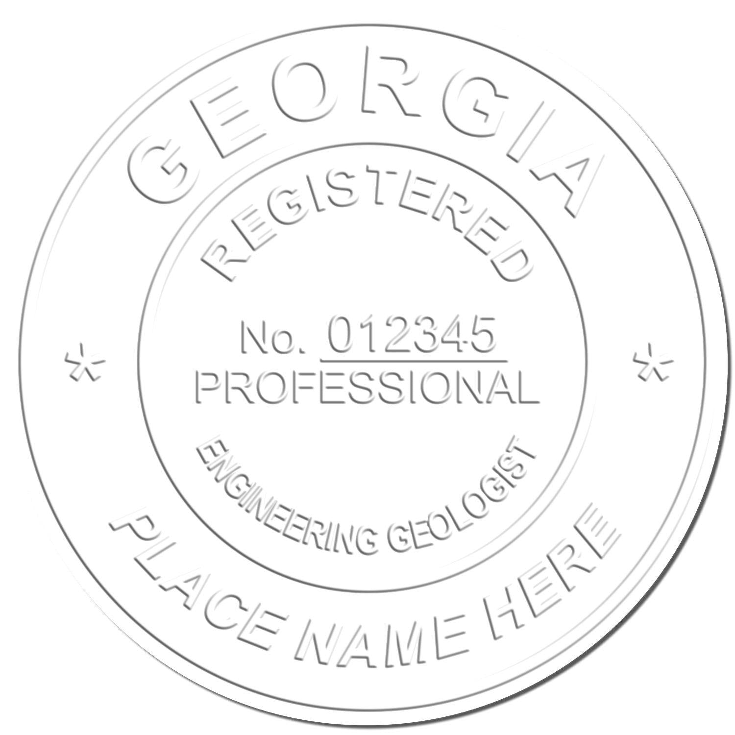 Embossed seal sample from the Engineering Geologist Black Gift Seal Embosser, featuring the text 'Georgia Registered Professional Engineering Geologist' with a placeholder for a name and registration number.