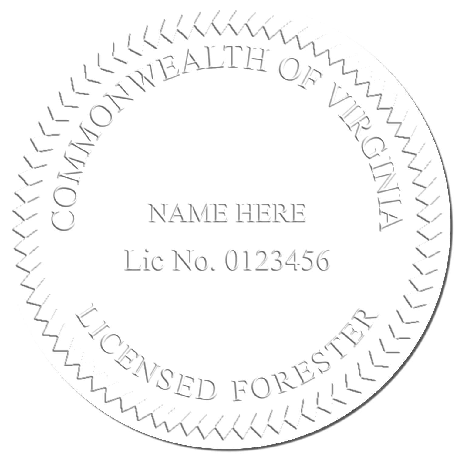 Forester Pink Soft Seal Embosser imprint showing Commonwealth of Virginia Licensed Forester with customizable name and license number.