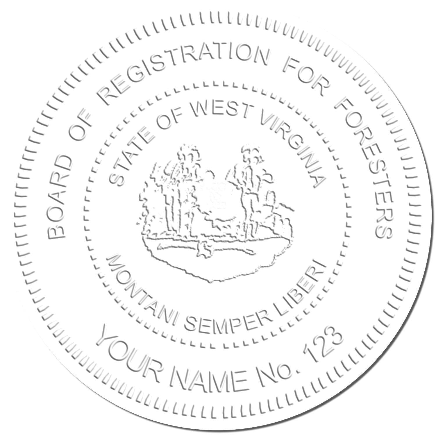 Embossed seal sample from the Forester Handheld Soft Seal Embosser, showing 'Board of Registration for Foresters' and 'State of West Virginia.'