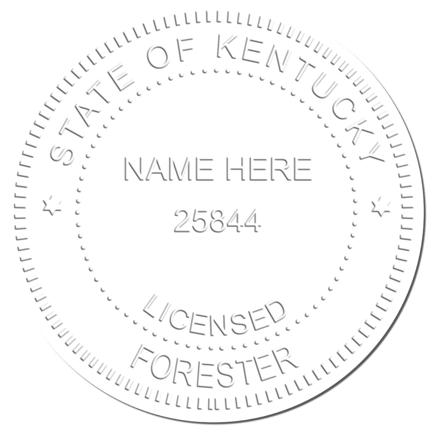 Forester Blue Soft Seal Embosser showing a circular seal with State of Kentucky, Licensed Forester, and placeholder text Name Here 25844.