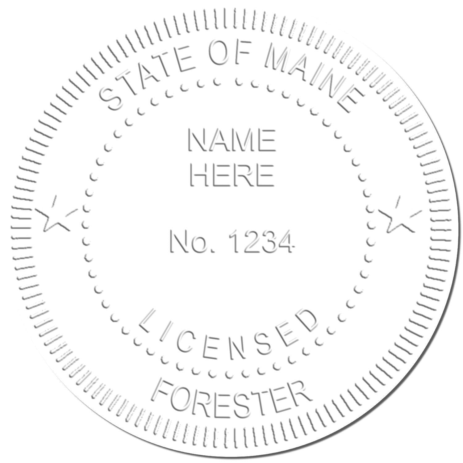 Image of an embossed seal with the text State of Maine, Licensed Forester, Name Here, No. 1234 created by the Forester Black Gift Seal Embosser.