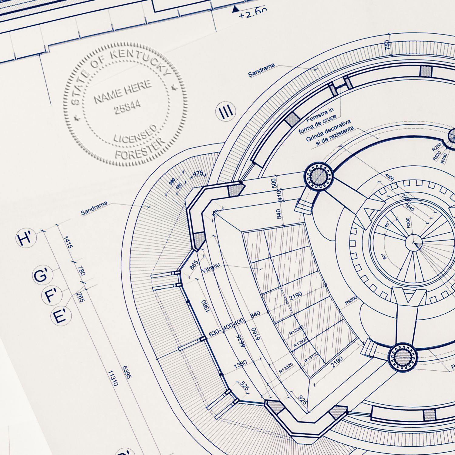 Blueprint with a Forester Blue Soft Seal Embosser imprint showing City of Kentucky and Licensed Forester on the paper.