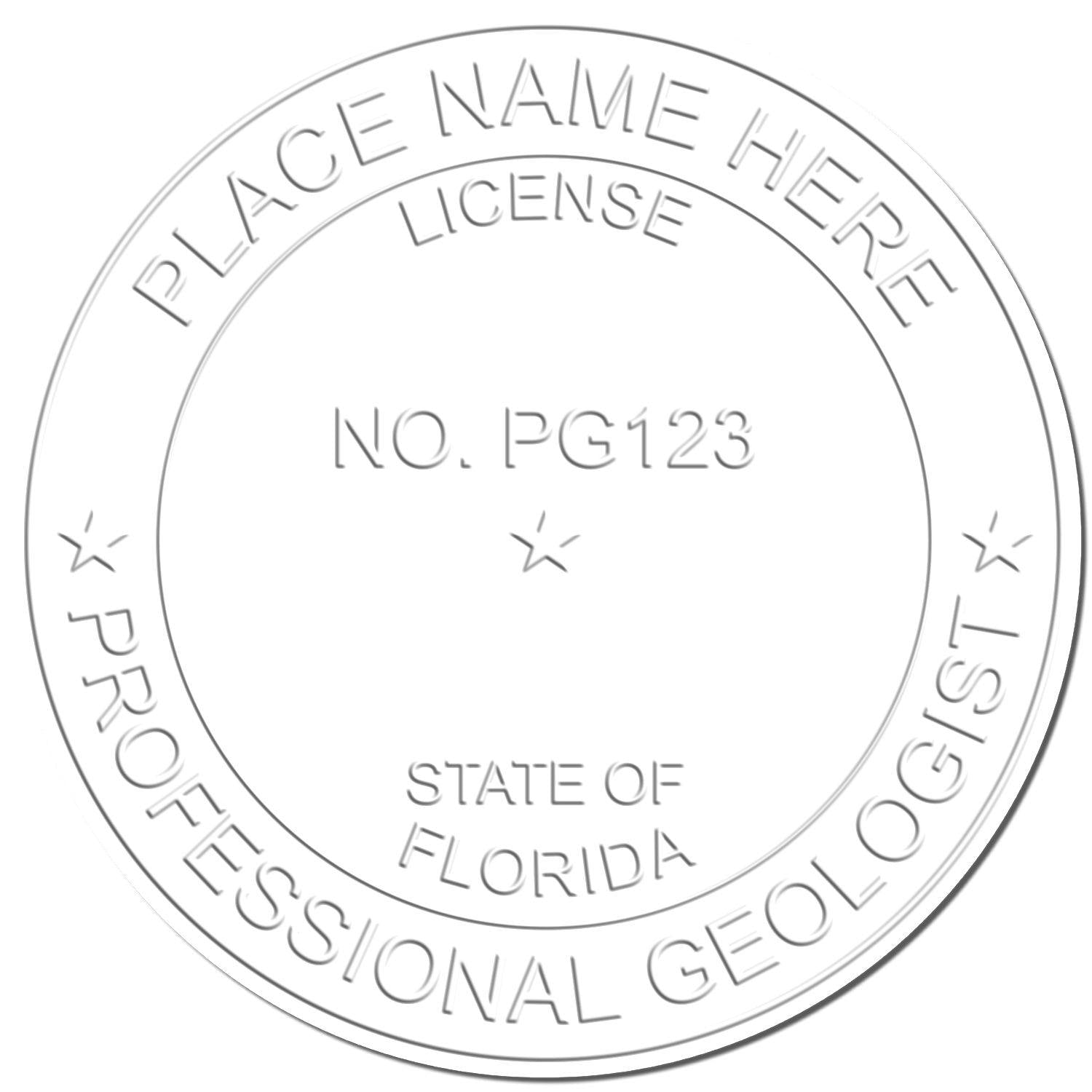 Geologist Extended Long Reach Desk Seal Embosser imprint showing a circular seal with Professional Geologist and customizable text for license details.