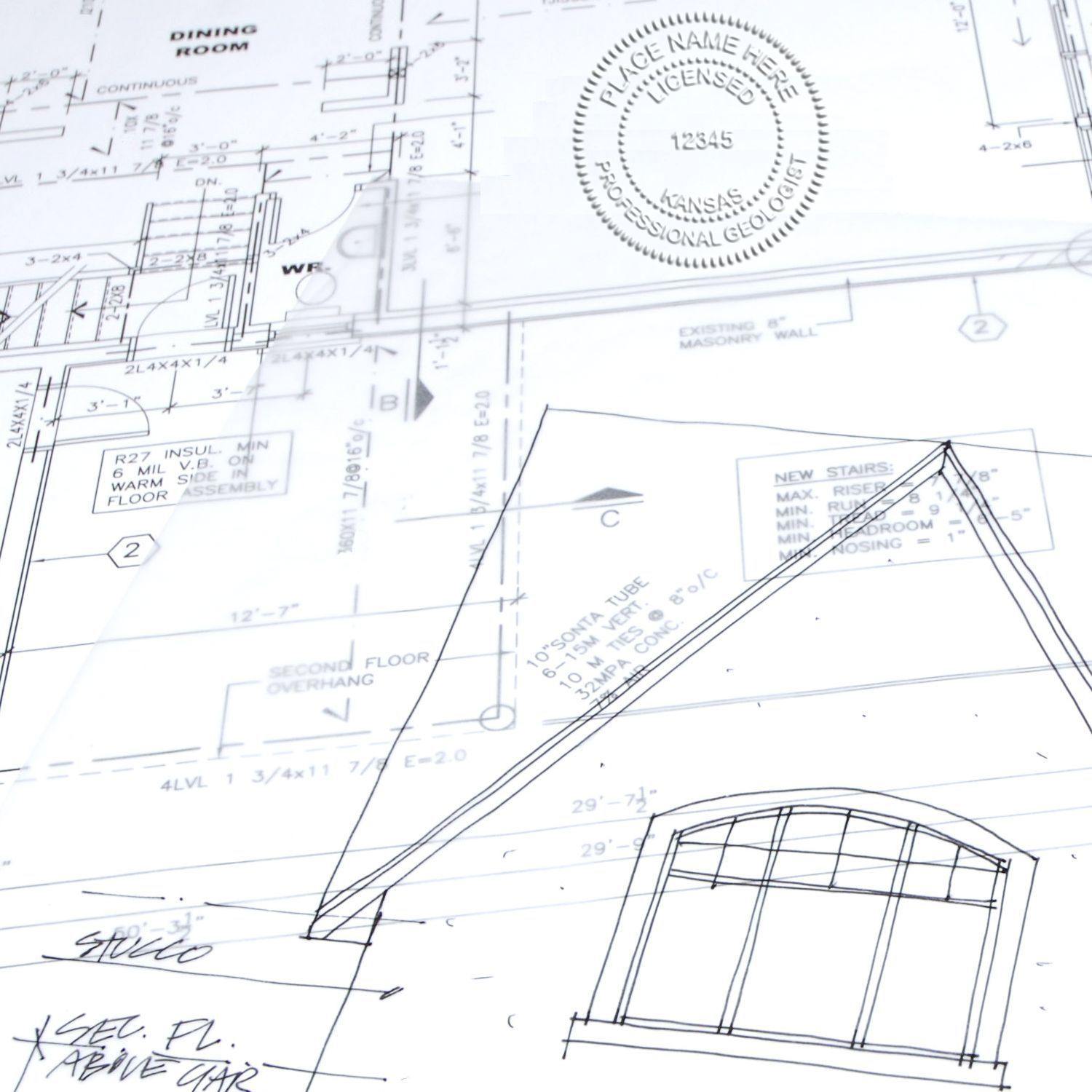 Architectural blueprint with a Geologist Pink Gift Embosser seal imprint, showcasing detailed floor plans and technical drawings.