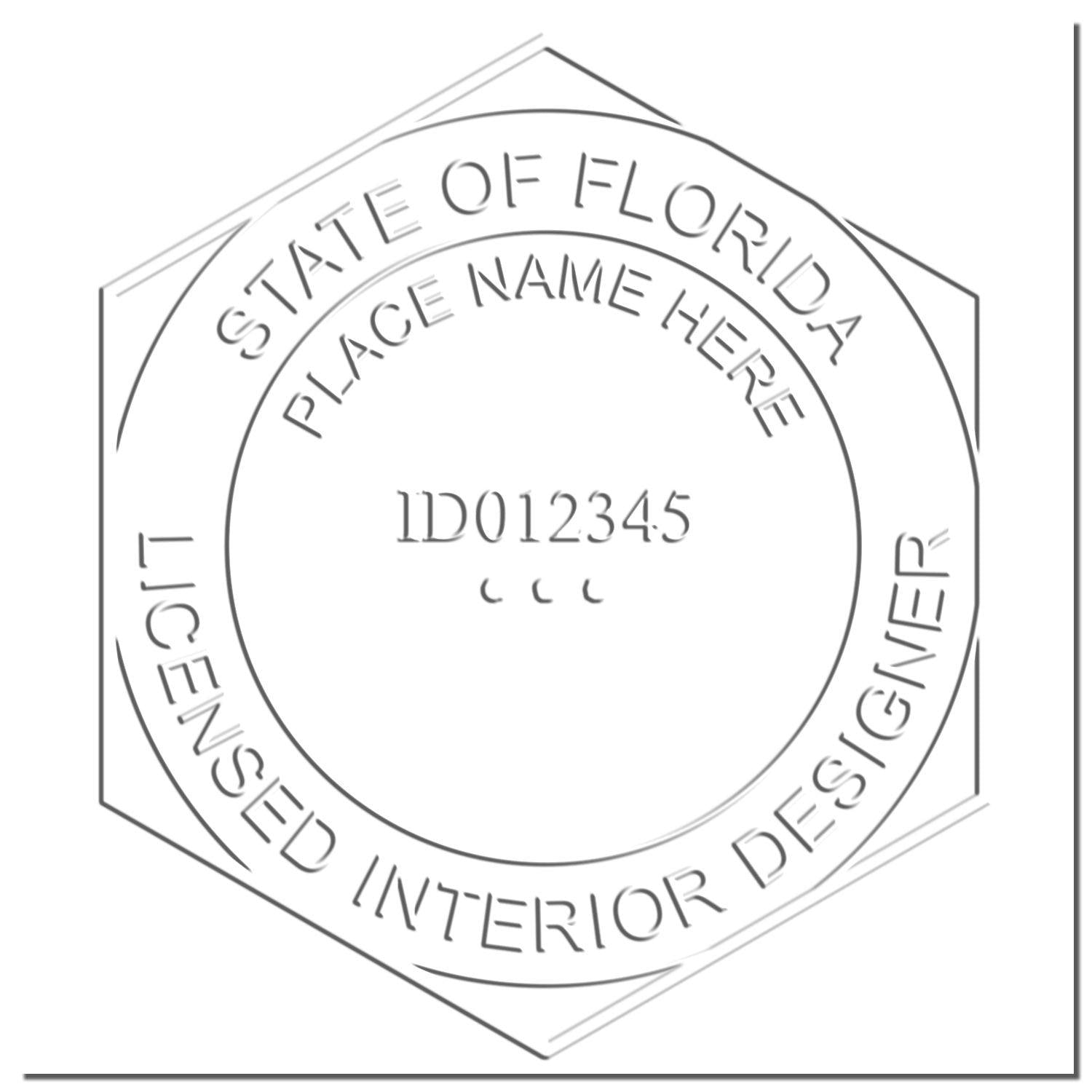 Embossed seal sample with 'State of Florida Licensed Interior Designer' text. Product: Interior Designer Black Gift Seal Embosser.