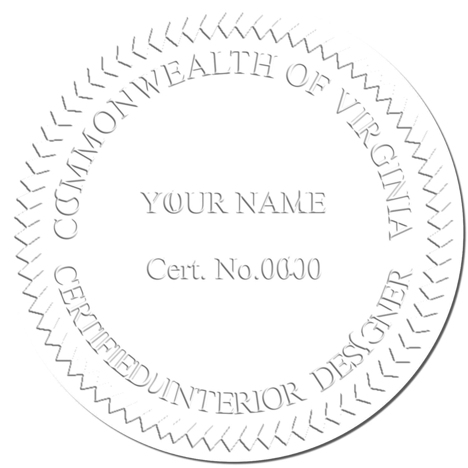 Embossed seal with text COMMONWEALTH OF VIRGINIA CERTIFIED INTERIOR DESIGNER and YOUR NAME Cert. No. 0030 from Interior Designer Pink Gift Embosser.