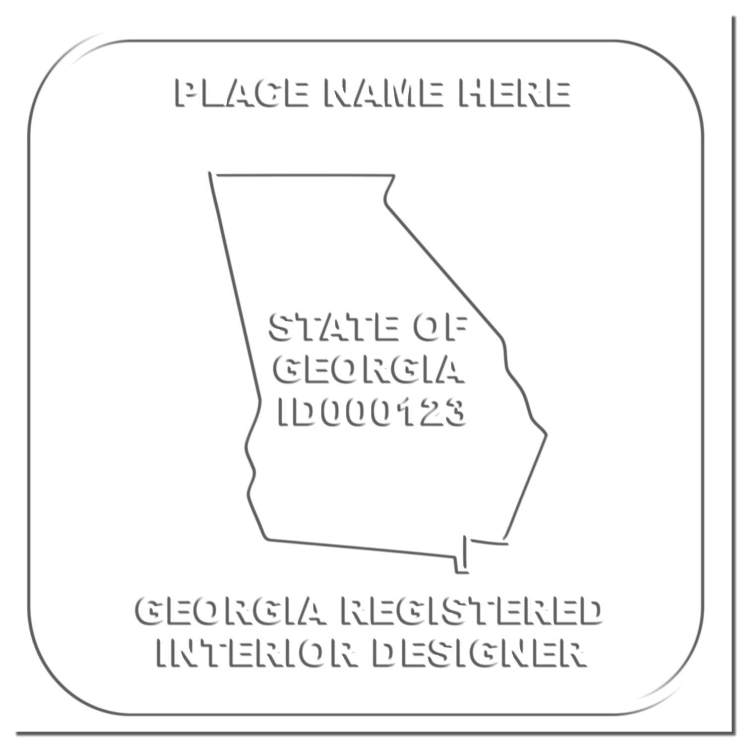 Image of an embossed seal with the text PLACE NAME HERE, STATE OF GEORGIA ID000123, GEORGIA REGISTERED INTERIOR DESIGNER from Interior Designer Cast Iron Desk Seal Embosser.