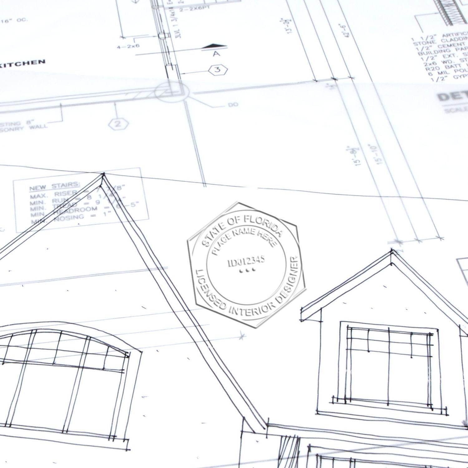 Blueprints with an embossed seal from the Interior Designer Cast Iron Desk Seal Embosser, showcasing architectural details and certification.