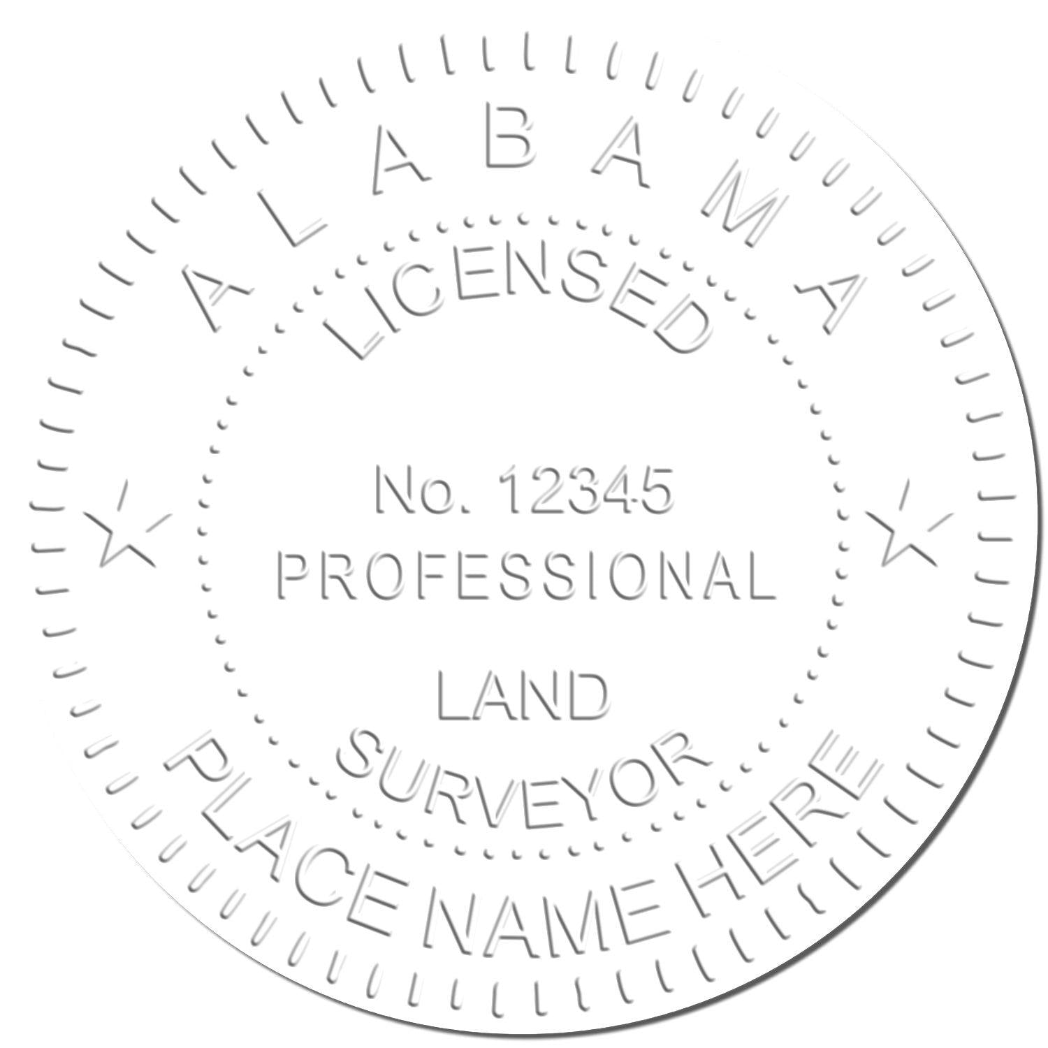 Embossed seal sample with text 'ALABAMA LICENSED No. 12345 PROFESSIONAL LAND SURVEYOR PLACE NAME HERE' from Land Surveyor Handheld Seal Embosser.