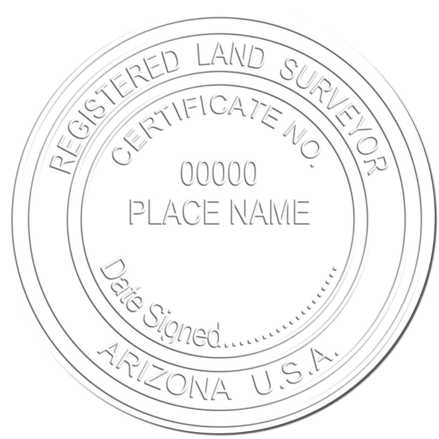 Image of a Land Surveyor Black Gift Seal Embosser imprint showing Registered Land Surveyor, Arizona U.S.A., Certificate No., Place Name, Date Signed.