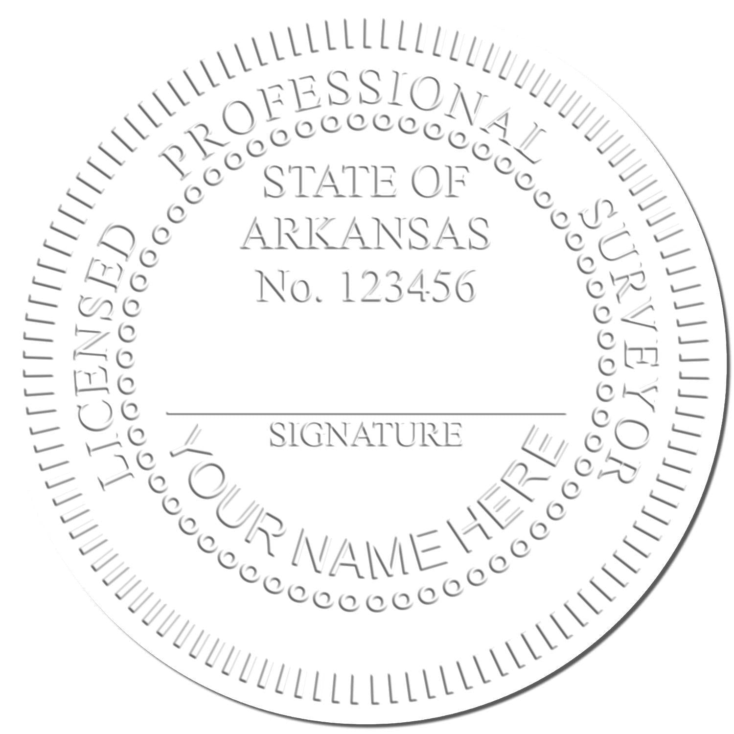 Embossed seal with text Licensed Professional Surveyor, State of Arkansas, No. 123456 created by the Land Surveyor Chrome Gift Seal Embosser.