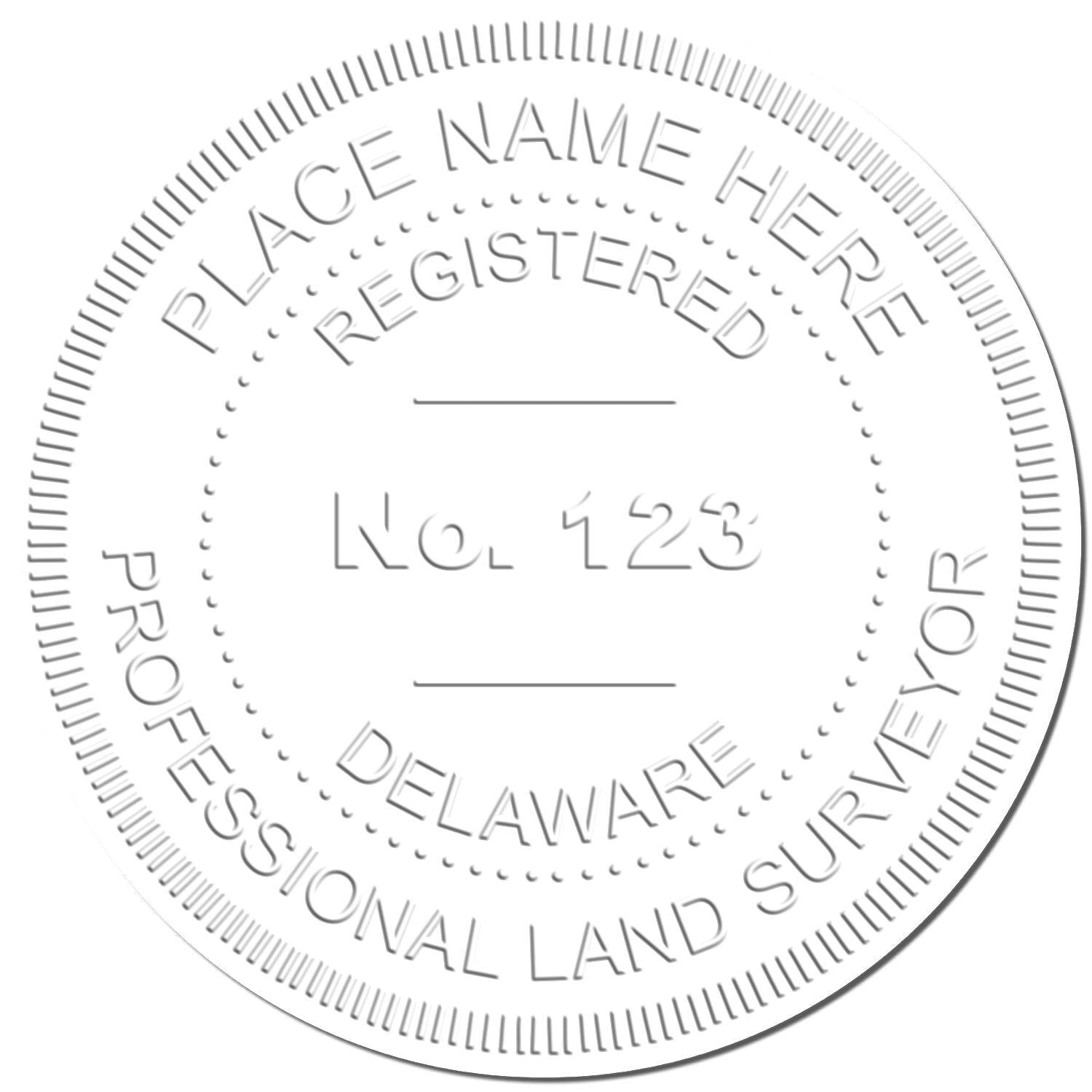 Embossed seal with Registered Delaware Professional Land Surveyor No. 123 created by the Land Surveyor Long Reach Desk Seal Embosser.