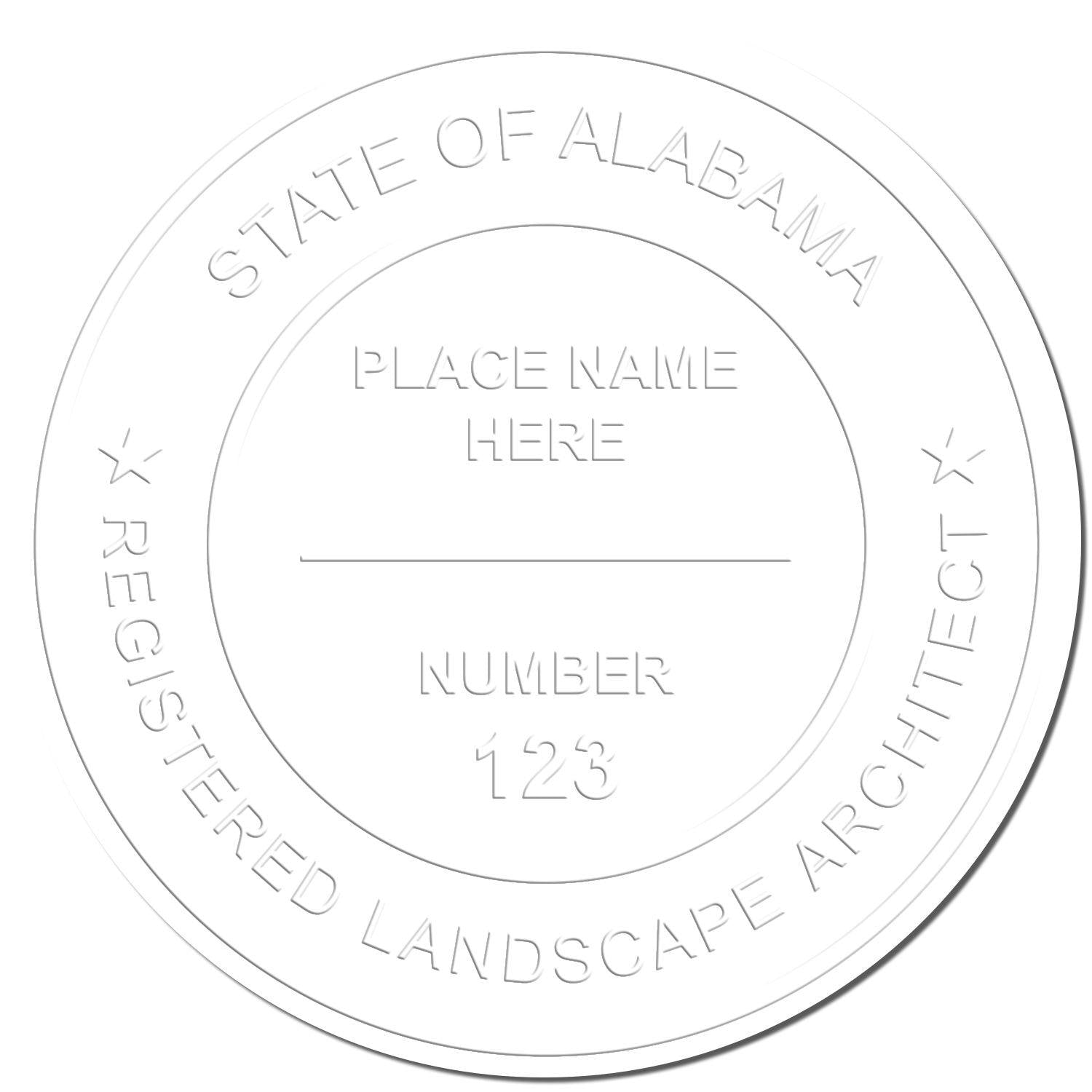 Embossed seal with the text State of Alabama Registered Landscape Architect and Place Name Here using the Landscape Architect Pink Soft Seal Embosser.