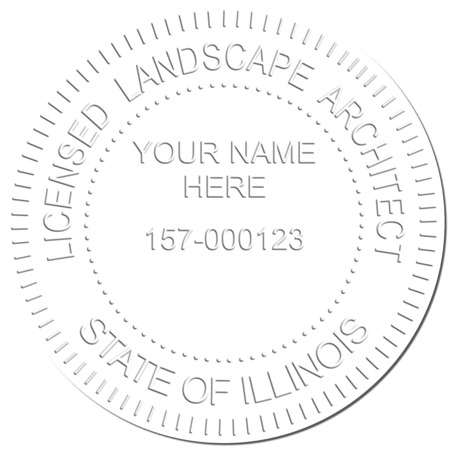 Embossed seal with text Licensed Landscape Architect, State of Illinois and customizable details, created by the Landscape Architect Desk Seal Embosser.