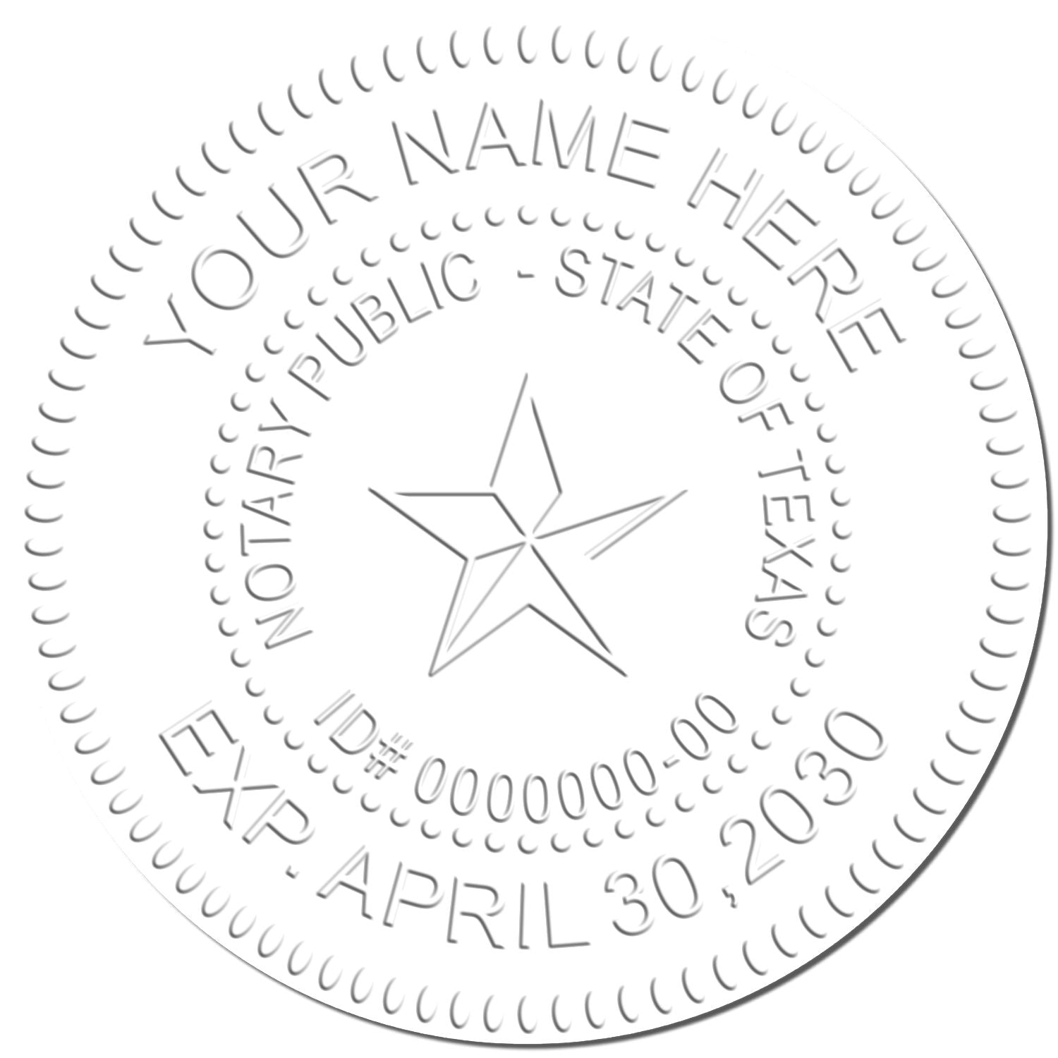 Image of an embossed notary seal with the text YOUR NAME HERE and EXP. APRIL 30, 2030 created by the Desk Notary Seal Embosser.