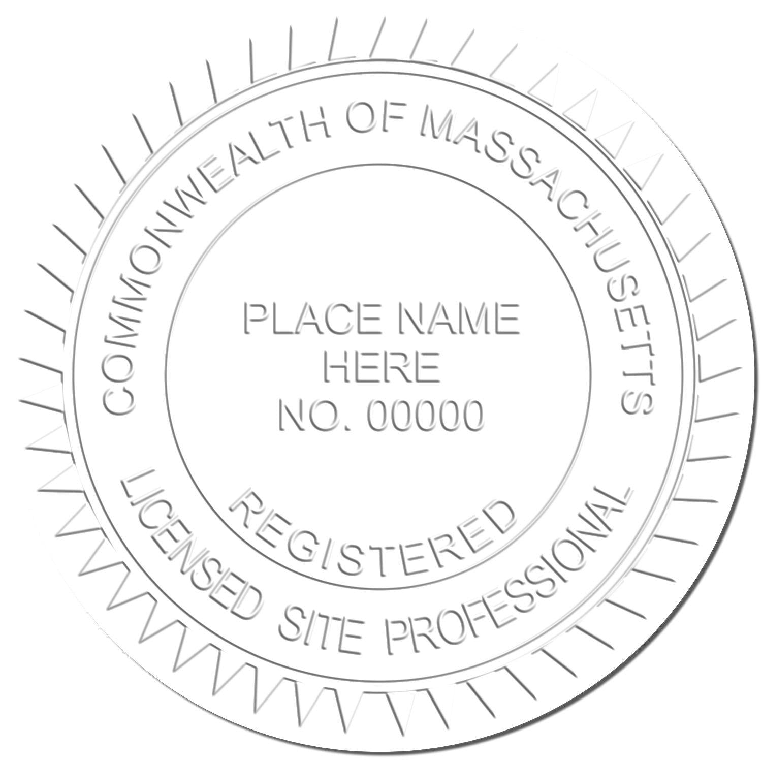 Professional Red Seal Embosser imprint showing Commonwealth of Massachusetts, Registered Licensed Site Professional, Place Name Here, No. 00000 .