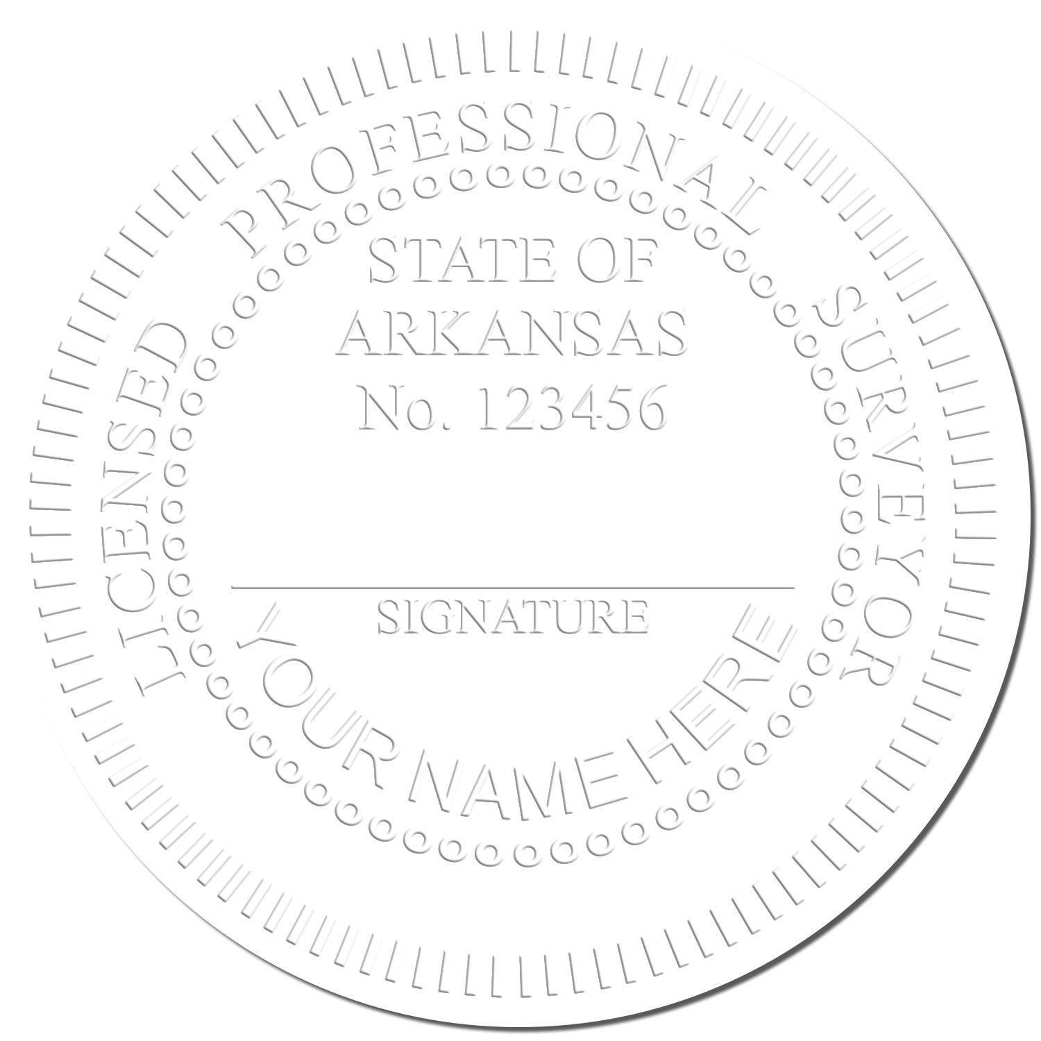 Embossed seal with text Licensed Professional Surveyor, State of Arkansas, No. 123456, Your Name Here created by Professional Pink Seal Embosser.