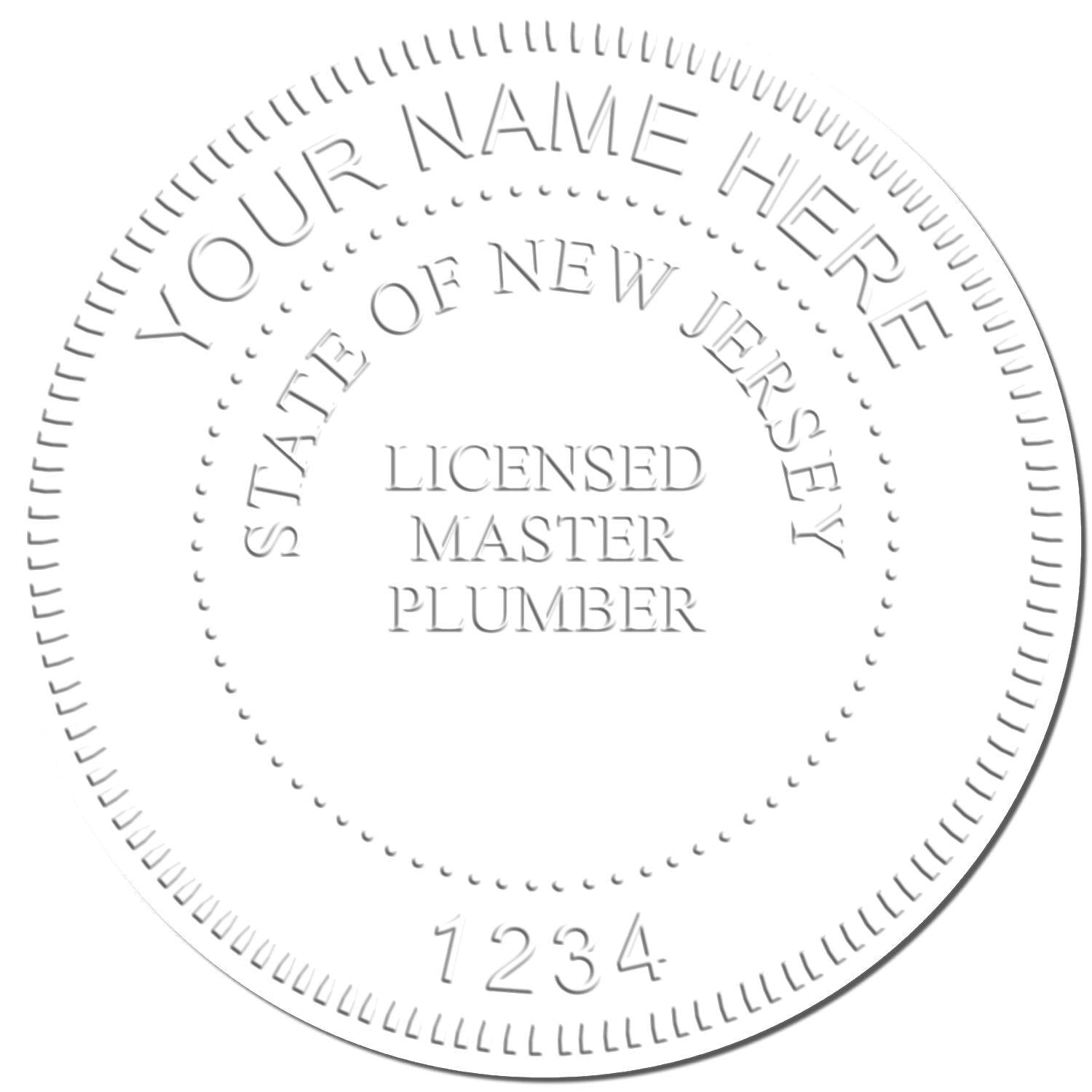 Image of an embossed seal with the text YOUR NAME HERE, STATE OF NEW JERSEY, LICENSED MASTER PLUMBER, 1234 created by the Professional Blue Soft Seal Embosser.